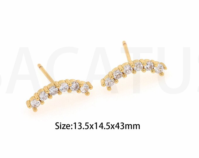 Rainbow Earrings, Micropavé CZ Curved Earrings, Bar Studs, 18K Gold Filled Dainty Earrings, DIY Jewelry Supplies, 13.5x14.5x43mm