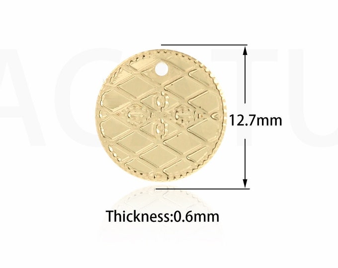 100PCS 18K Gold Filled Flat Pendant, Blank Pendant, Round Pendant, Hammered Necklace, DIY Jewelry Supplies, 12.7x0.6mm