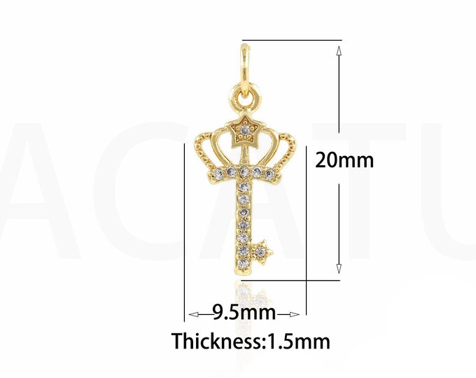 18K Gold Filled Crown Pendant,Gold Dainty CZ Key Charms,King Crown Charm Bracelet Necklace for DIY Jewelry Making Supply
