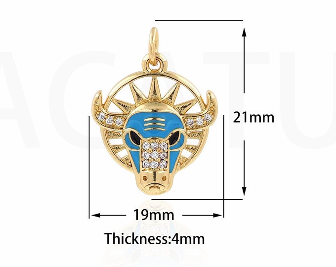 Enamel Cow Pendant, Micropavé CZ Cow Head Necklace, 18K Gold Filled Animal Charm,Wild Animal Charm,DIY Jewelry Supplies, 21x16.5x4mm