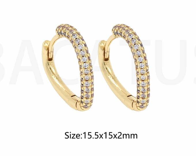 1 Pair Pierced Earrings, Single Row Of Zircons, Triangle Hoop Earrings, Small Triangle Gold Earrings, Long Triangle Earrings 15.5x15x2mm