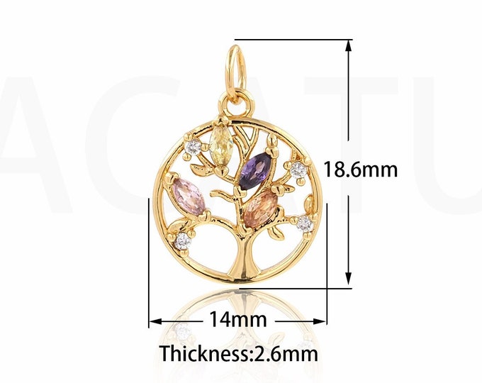 Number Pendant, Round Charm, 18K Gold Filled Plant Charm, Micropavé CZ Tree of Life Necklace, DIY Jewelry Supplies, 18.6x14x2.6mm