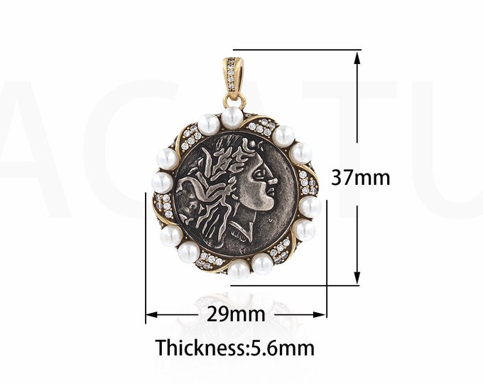 Engraved Necklace,MicroPavé CZ Vintage Jewelry,Portrait Charm, 18K Gold Filled Vintage Figure Pendant,DIY Jewelry Supplies,33x25.4x2.8 mm