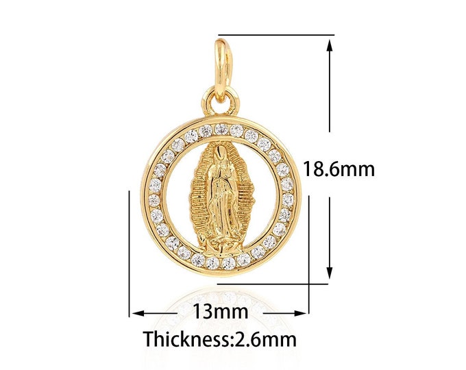 18K Gold Filled Round Pendant,Micropavé CZ Religious Charm,Madonna Charm,Mary Necklace, Catholic Jewelry,DIY Jewelry Supplies,18.6X13X2.6mm