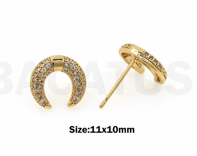 Moon Earrings, Horn Earrings, 18K Gold Filled Dainty Earrings, Micropavé CZ Crescent Earrings, DIY Jewelry Supplies, 11x10mm