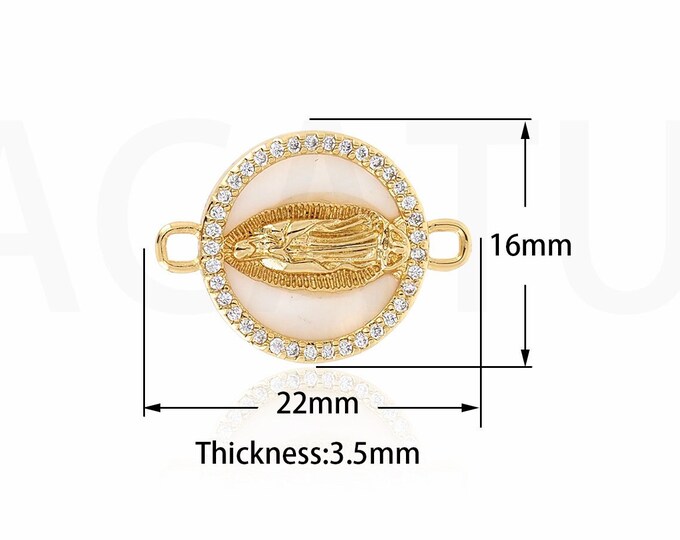 Our Lady Connector, 18K Gold Filled Seashell Connector, Micropavé CZ Catholic Charm, Circular Connector, DIY Jewelry Supplies