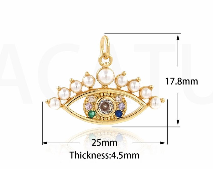 Eye Pendant, Pearl Eye Charm, 18K Gold Filled Eye Charm, Micro Pave CZ Lucky Eye Necklace, DIY Jewelry Supplies, 17.8x25x4.5mm