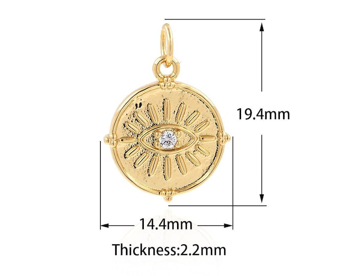 Coin Eye Pendant, Eye Charm,Eye Charm, MicroPave CZ Round Eye Pendant, Suitable For Jewelry Making Supplies 14.4x19.4x2.2mm