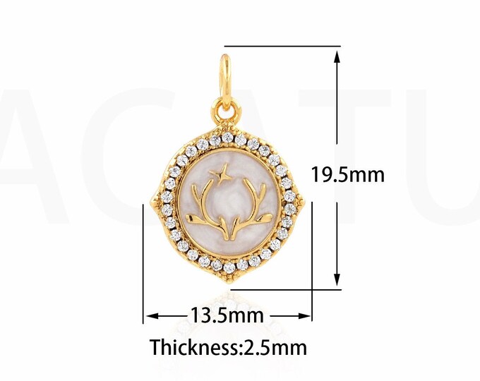 Deer Pendant, Round Charm, 18K Gold Filled Enamel Charm, Antler Necklace, Animal Charm, DIY Jewelry Supplies, 19.5x13.5x2.5mm