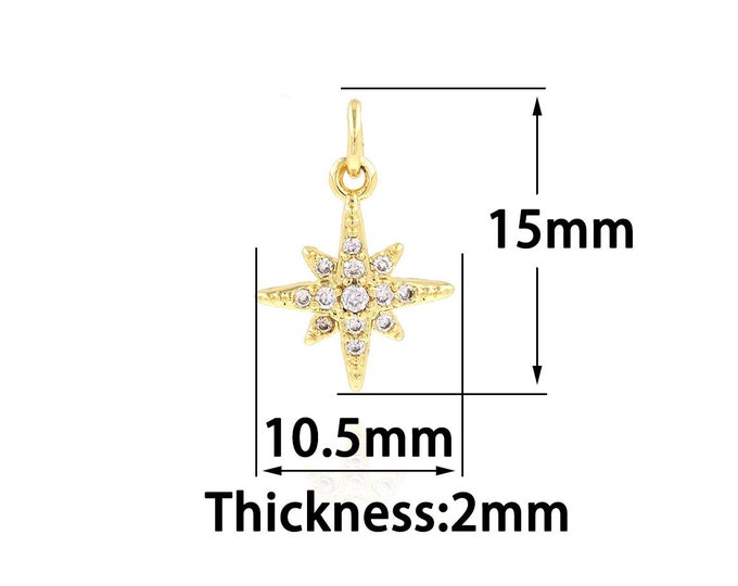 18K Gold Filled Polaris Pendant,Micropavé CZ Gold Dainty Star Charms,Bracelet Necklace for DIY Jewelry Making Supply,10.5x15x2mm