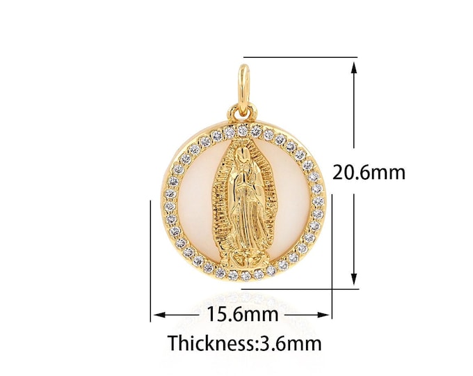 Mother of Pearl Pendant,Seashell Necklace,18K Gold Filled Circle Necklace,Micropavé CZ Catholic Necklace,Our Lady Charm,DIY Jewelry Supplies