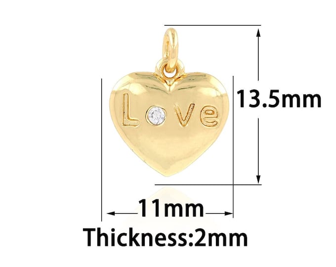 18K Gold Filled LOVE Pendant,Gold Dainty Heart Charms,CZ Simple Charm Bracelet Necklace for DIY Jewelry Making Supply