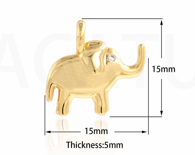 Animal Necklace, Elephant Charm, 18K Gold Filled Wild Animal Charm, Micropavé CZ Elephant Pendant, DIY Jewelry Supplies, 15x15x5mm