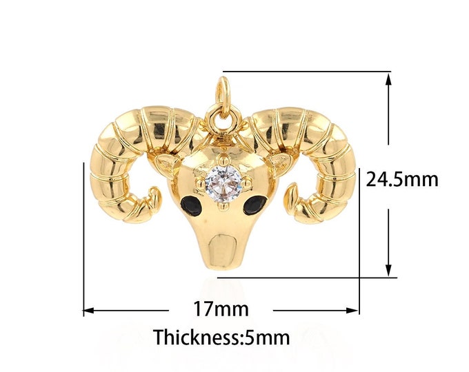 Sheep Head Pendant, Micropavé CZ Animal Charm, 18K Gold Filled Sheep Necklace, Head Charm, Animal Charm, DIY Jewelry Supplies, 24.5x17x5mm