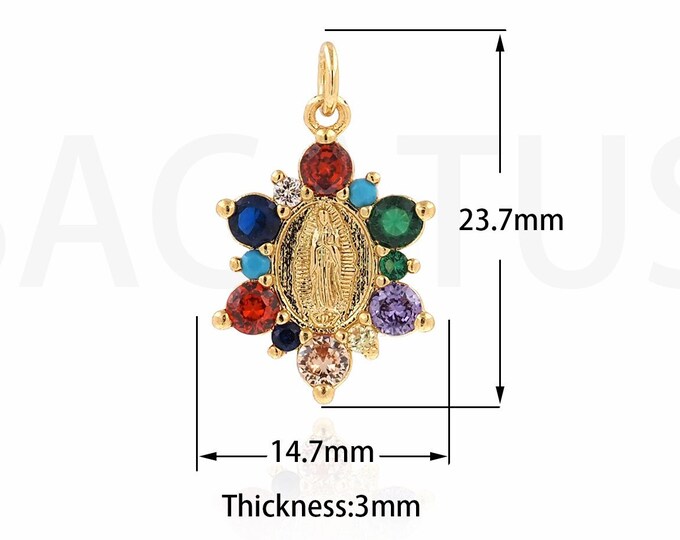 Micropavé CZ Our Lady Necklace, 18K Gold Filled Virgin Charm, Religious Necklace, Maria Pendant, DIY Jewelry Supplies, 14.7x23.7x3mm
