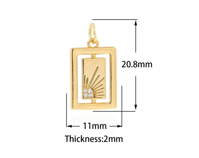 Square Pendant, Sun Necklace, Micropavé CZ Rectangle Charm, 18K Gold Filled Sun Charm, DIY Jewelry Supplies, 20.8x11.2x2mm