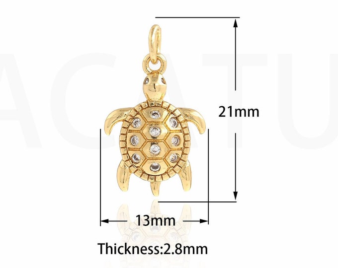 Metal Tortoise, 18K Gold Filled Mini Tortoise Pendant, Gold Tortoise Necklace,Micropavé CZ Marine Jewelry 21x13x2.8mm