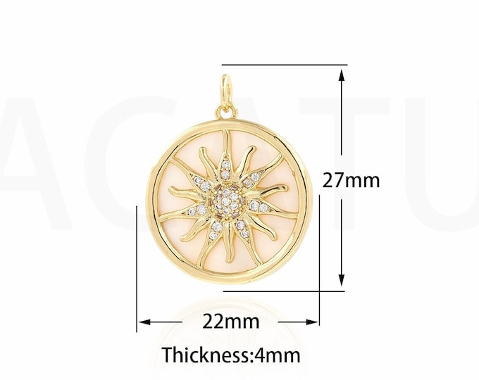 Micropavé CZ Round Pendant, Shell Pendant,Sun Charm, 18K Gold Filled Sun Pendant, DIY Jewelry Supplies, 27x22x4mm