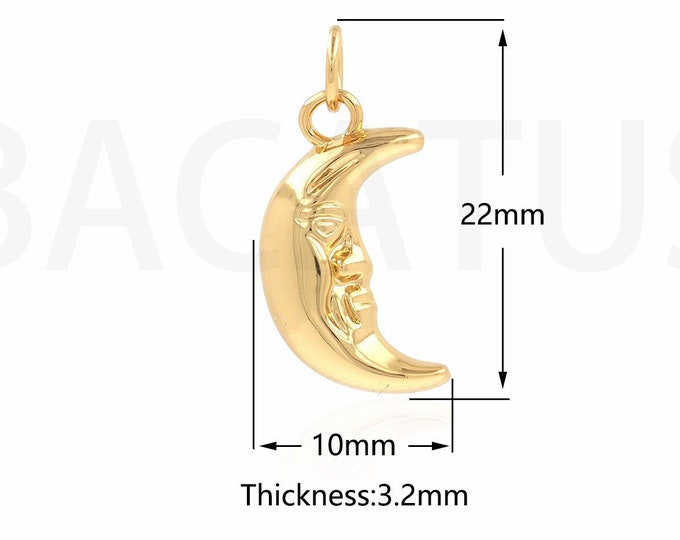 Moon Pendant, Moon Face Pendant, 18K Gold Filled Crescent Moon Charm, Face Charm, Crescent Moon Necklace, DIY Jewelry Supplies, 10x22x3.2mm