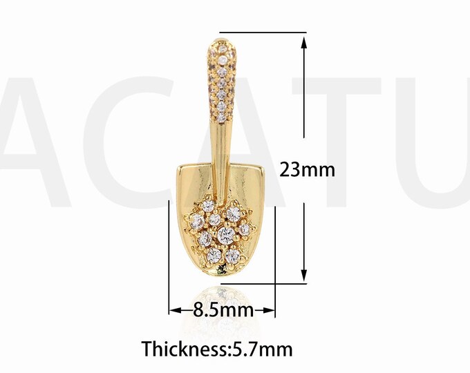 Shovel Pendant, 18K Gold Filled Shovel Necklace, Micropavé CZ Shovel Charm, Gift For Her, DIY Jewelry Supplies, 23x8.5x5.7mm