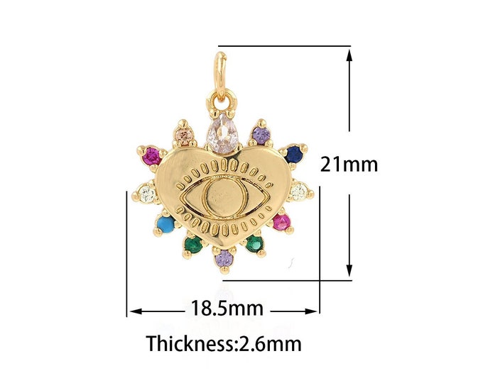 Heart Necklace, Love Charm, Micropavé CZ Eye Pendant, Love Necklace, 18K Gold Filled Dainty Eye Charm, DIY Jewelry Supplies, 21x18.5x2.6mm