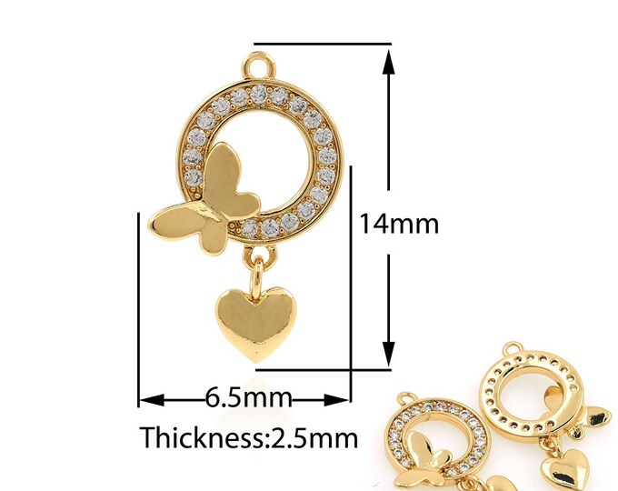 Butterfly Pendant, Hoop Necklace, 18K Gold Filled Insect Charm, Micropavé CZ Butterfly Charm, DIY Jewelry Supplies, 14x6.5x2.5mm