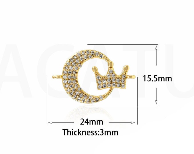 18K Gold Filled Moon Connector,Gold Dainty CZ Crown Connector,Crescent Connector Bracelet Necklace for DIY Jewelry Making Supply