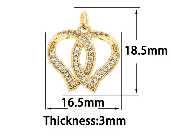 18K Gold Filled Double Heart Pendant,Gold Dainty Double Heart Charms,CZ Simple Charm Bracelet Necklace for DIY Jewelry Making Supply