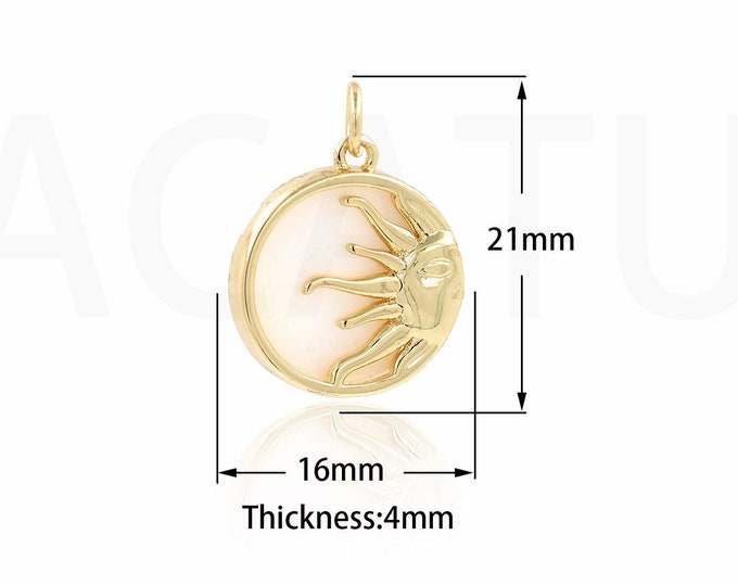 18K Gold Filled Sun Pendant, Micropavé CZ Round Pendant, Shell Pendant,Sun Charm, DIY Jewelry Supplies, 16x21x4mm