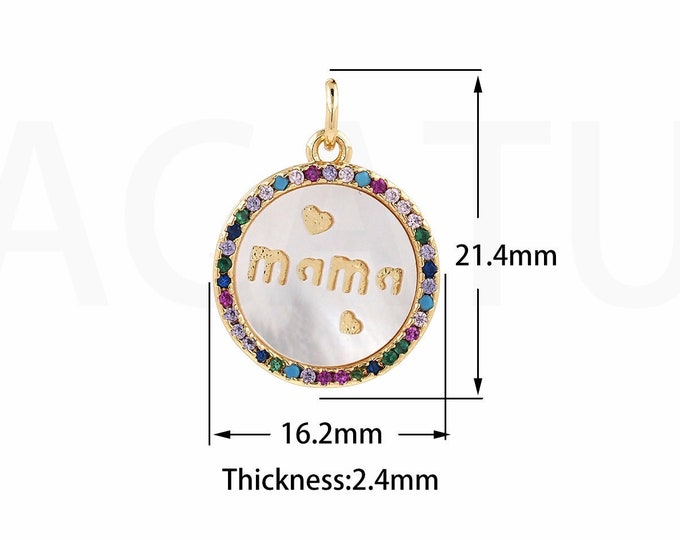 Micropavé CZ Letter Text Pendant, Mama Pendant,18K Gold Filled Shell Charm,Round Pendant, DIY Jewelry Accessories, 21.4x16.2x2.4mm