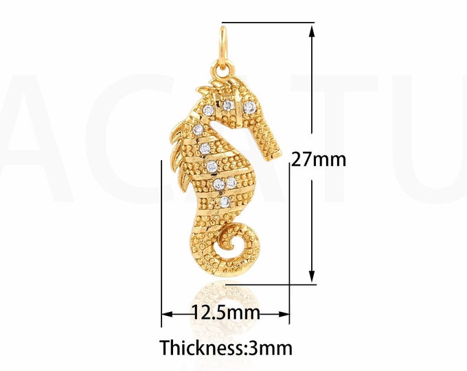 MicroPave CZ  Mini Seahorse Pendant, 18K Gold Filled Seahorse Necklace, Ocean Charm, DIY Jewelry Making Supplies 27x12.5x3mm