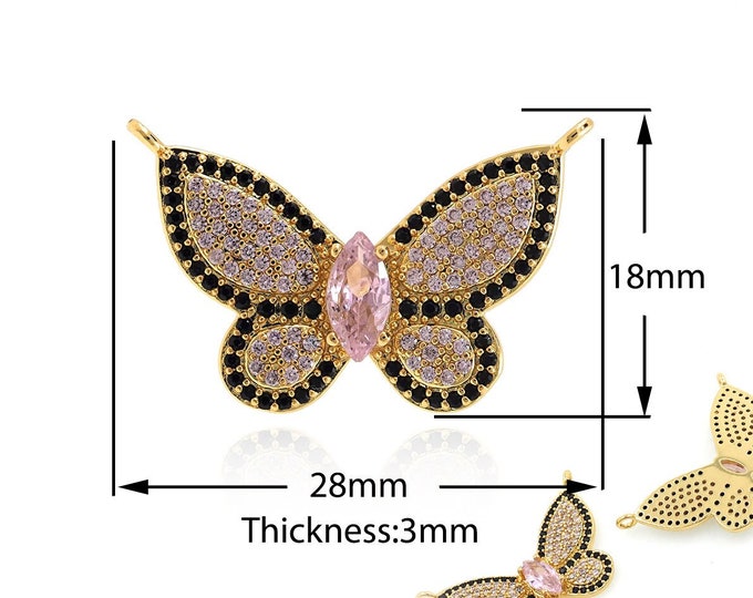 Butterfly Pendant, Micropavé CZ Insect Charm, Flying Necklace, 18K Gold Filled Butterfly Charm, DIY Jewelry Supplies, 28x18x3mm