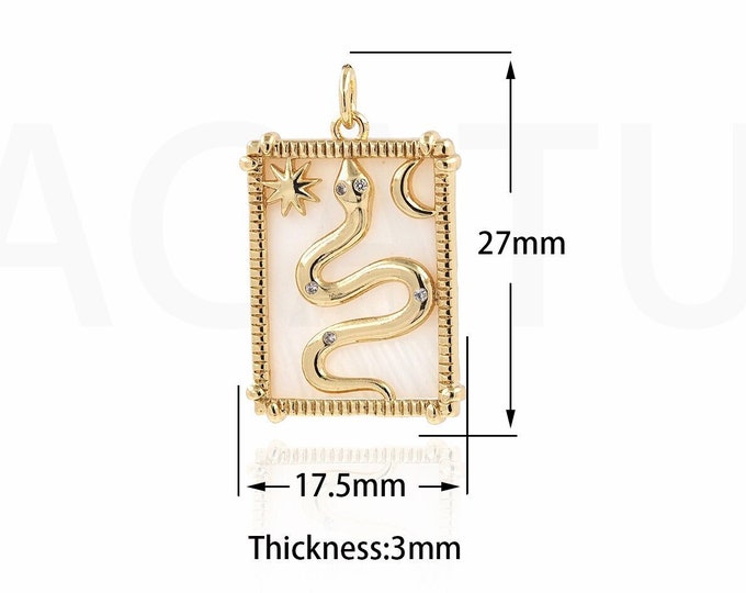 Square Pendant, Snake Charm, 18K Gold Filled Shell Charm, Reptile Necklace, Micropavé CZ Shell Snake Charm,DIY Jewelry Supplies, 27x17.5x3mm