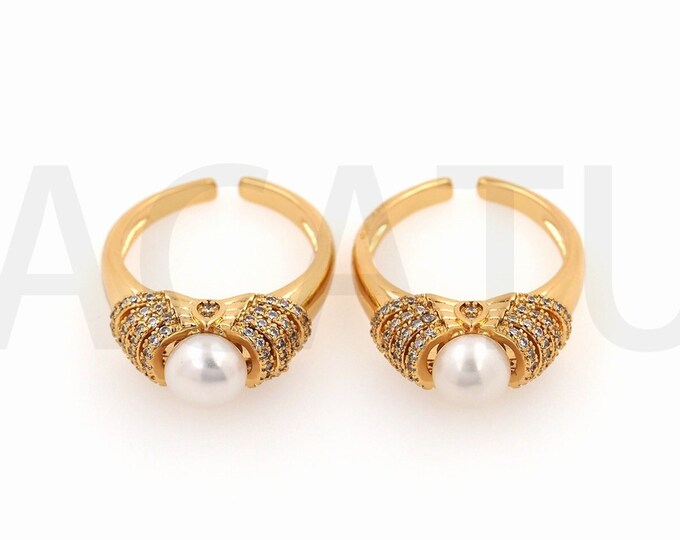Pearl Fake Diamond Ring, 18K Gold Filled Pearl Thin Ring,Gold Open Ring,Stackable Ring, Adjustable Ring, Daily Ring,Minimalist Ring