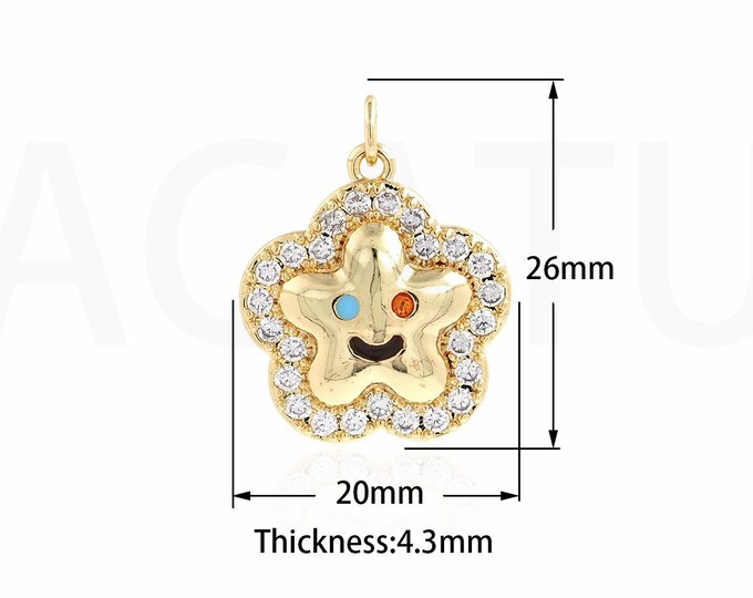 18K Gold Filled Flower Face Charm, Micropavé CZ Plant Necklace,Face Charm, Flower Pendant, DIY Jewelry Supplies, 20x26x4.3mm