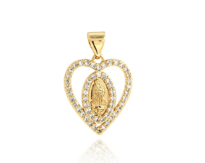 18K Gold Filled Virgin Mary Pendant,Gold Dainty Religion Charms,Zircon Heart Charm Bracelet Necklace for DIY Jewelry Making Supply,23x16x2mm