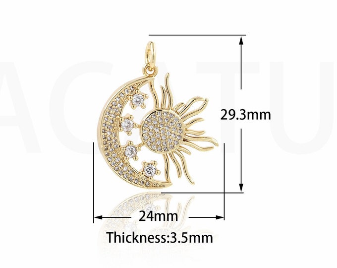 Moon Pendant, Micropavé CZ Sun Pendant,18K Gold Filled Crescent Charm, Sunshine Necklace, Celestial Charm,DIY Jewelry Supplies,29.3x24x3.5mm