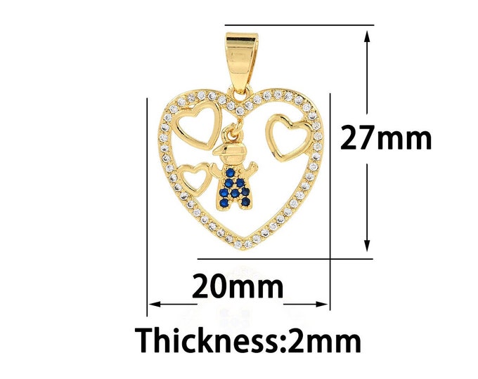 18K Gold Filled Heart Pendant,Gold Dainty Boy Charms,CZ Simple Charm Bracelet Necklace for DIY Jewelry Making Supply