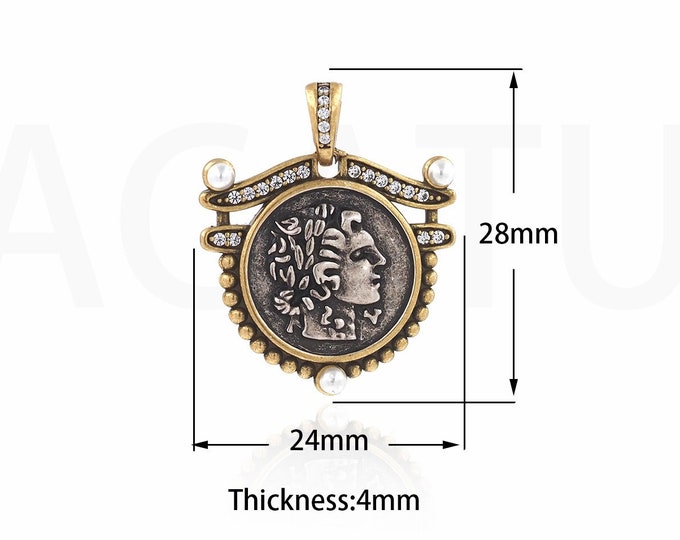 18K Gold Filled Engraved Necklace,Vintage Figure Pendant,MicroPavé CZ Vintage Jewelry,Portrait Charm, DIY Jewelry Supplies,28x24x4mm