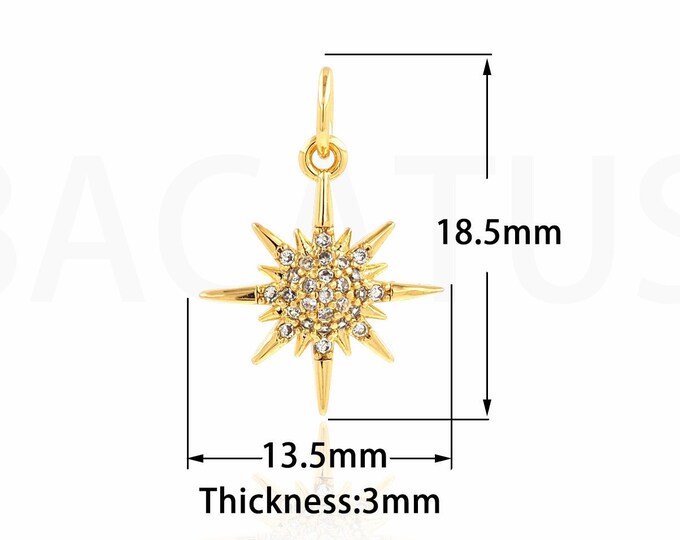 Micropavé CZ Sun Pendant, 18K Gold Filled Sunflower Necklace, Sunny Charm, DIY Jewelry Supplies, 18.5x13.5x3mm