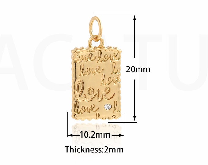 Square Pendant, Word Necklace, 18K Gold Filled Tag Charm, Word Charm, Micropavé CZ Love Letter Pendant, DIY Jewelry Supplies, 20x10.2x2mm