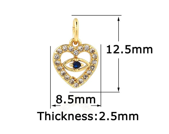 18K Gold Filled Devil Eye Pendant,Gold Dainty Heart Charms,CZ Simple Charm Bracelet Necklace for DIY Jewelry Making Supply