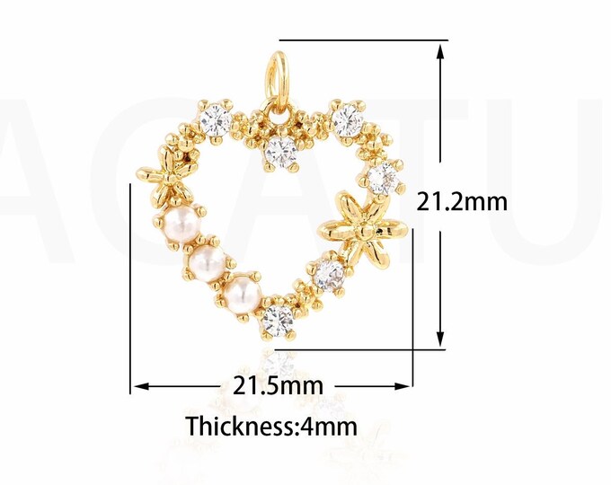 Heart Pendant, Pearl Heart Necklace, 18K Gold Filled Heart Flower Charm, Micropavé CZ Pearl Love Necklace,DIY Jewelry Supplies,21.2x21.5x4mm