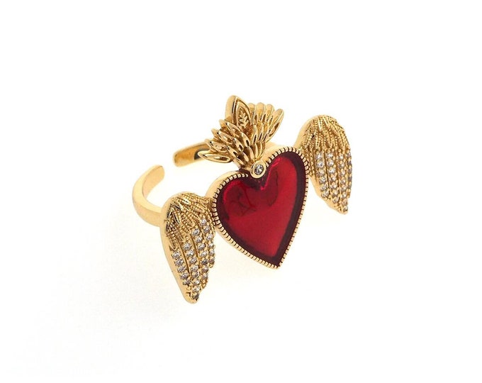 18K Gold Filled Open Ring,Wings Heart Ring,Enamel Heart Ring,Love Charm Rings Gift for Her