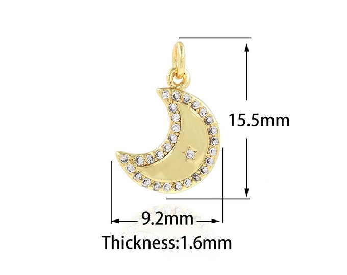 18K Gold Filled Crescent Necklace, Micropavé CZ Moon Charm, Star Pendant Star Moon Pendant,Star Moon Necklace, 9.2x15.5x1.6mm