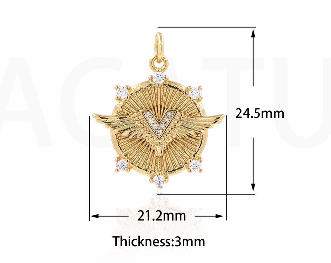 Circle Pendant, V Shape Necklace, 18K Gold Filled Wings Necklace, Angel Charm, Micropavé CZ Wings Charm, DIY Jewelry Supplies, 24.5x21.2x3mm