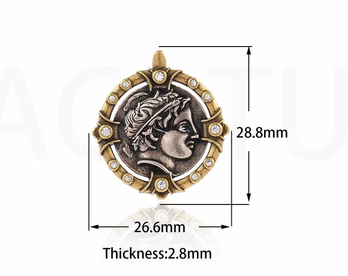 18K Gold Filled Engraved Necklace,MicroPavé CZ Vintage Jewelry,Vintage Figure Pendant,Portrait Charm, DIY Jewelry Supplies,28.8x26.6x2.8mm
