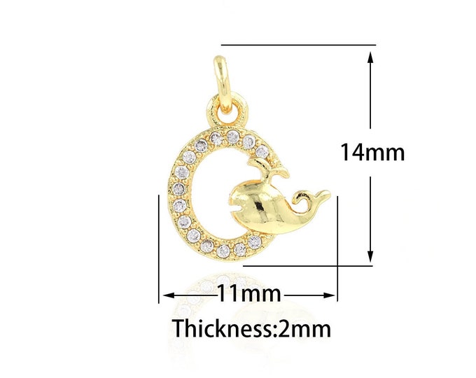 Whale Pendant, Micropavé CZ Fish Pendant, 18K Gold Filled Moon Pendant, Nautical Necklace, Whale Charm, DIY Jewelry Supplies, 11x14x2mm