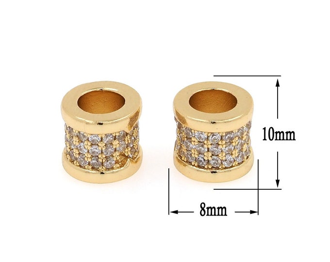 Gold Barrel Spacer Beads Charms,18K Gold  Tube Beads,CZ Large Hole Spacer Beads Bracelet Necklace for DIY Jewelry Making Supply