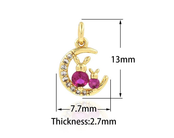 Rabbit Necklace, Moon Pendant, Micropavé CZ Crescent Charm, 18K Gold Filled Rabbit Charm, DIY Jewelry Supplies, 7.7x13x2.7mm